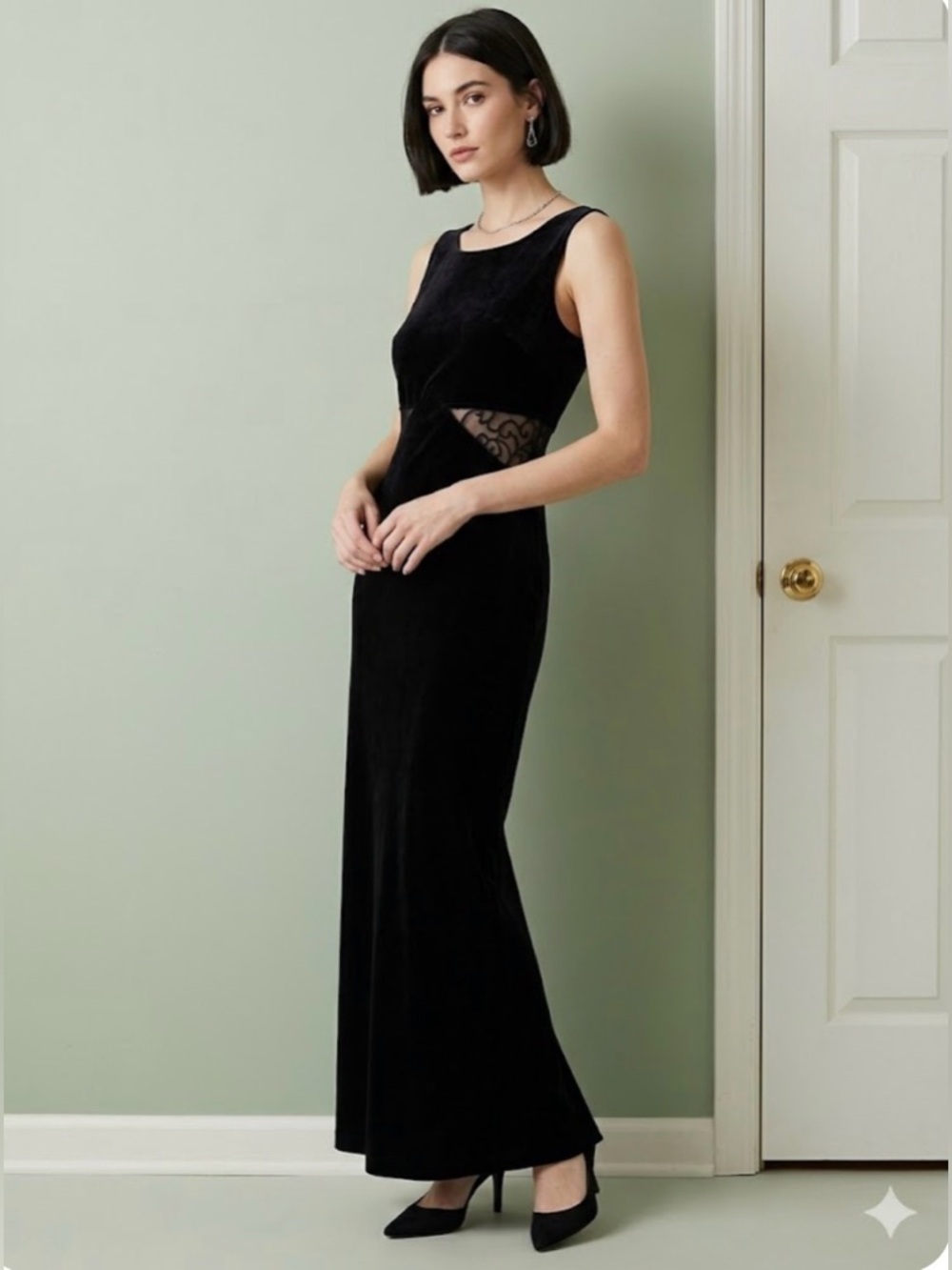 Vintage 90s/Y2K Black Velvet Maxi Dress Mesh Lace Waist Cutouts Goth Grunge 6 b2